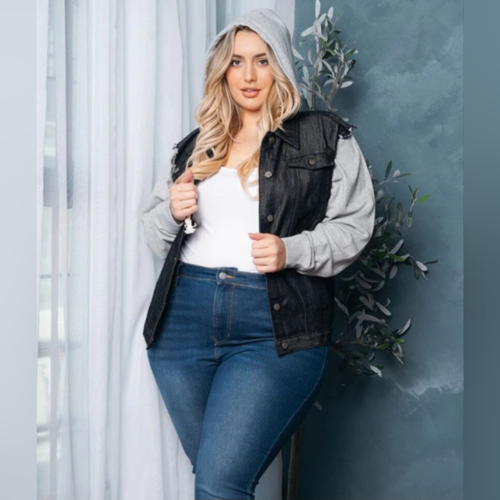 Plus Size Long Sleeve Hooded Denim Jacket/ Blackgrey